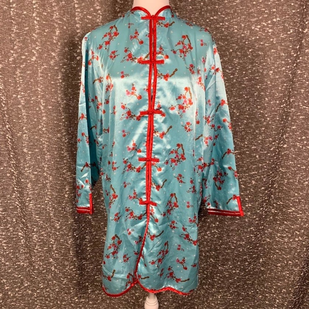 Kathryn Blue Satin Cherry Blossom Frog Button Night Shirt Women's Medium